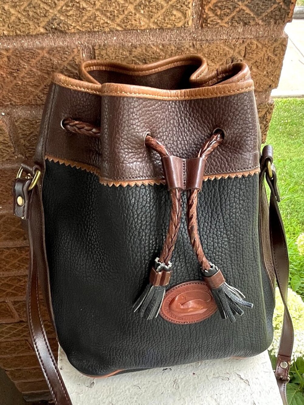 Dooney & Bourke Vintage Teton Ink Taupe USA Large Drawstring Bucket Bag Unisex